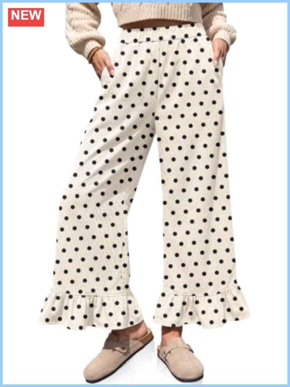 Corduroy Pants High Rise Wide Leg Ruffle Hem Polka Dot Pull On